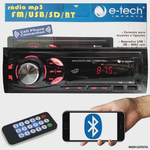 Som Automotivo Rádio MP3 E-Tech Light Bluetooth USB sd Card