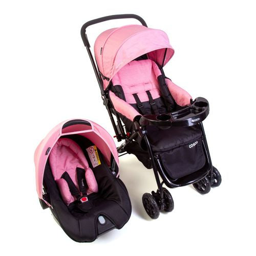 Carrinho de Bebe Travel System Reverse Rosa Rajado com Bebê Conforto - Cosco