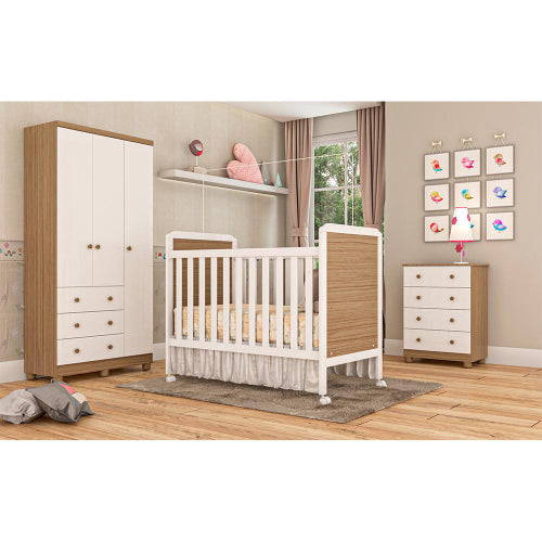 Kit Quarto Bebê Infantil Conjunto mdf Berço Americano Cômoda Armário Guarda Roupa Cor Madeira Branco